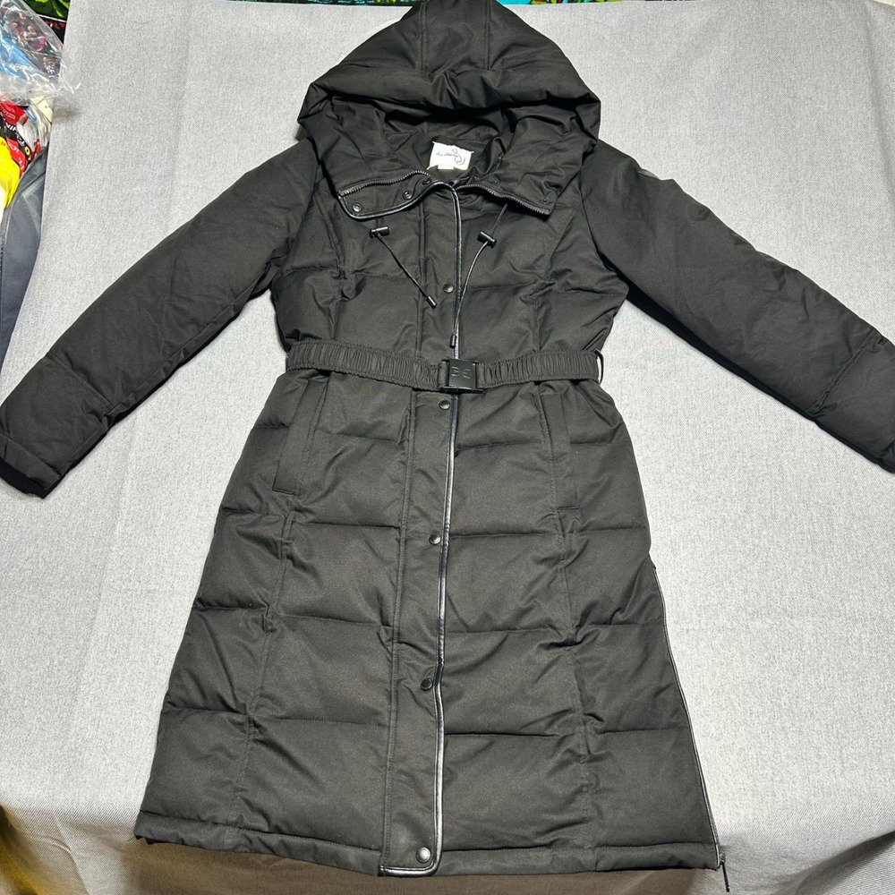 Sam Edelman Womens Hooded Belted Long Puffer Coat Medium Black Quilted Parka